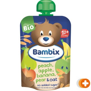 Bambix knijpzakje appel, perzik, banaan, peer&haver bio 10m+